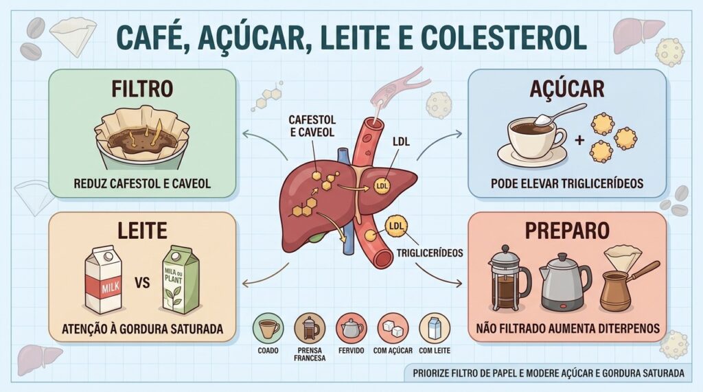 Método de preparo, açúcar e tipo de leite mudam o impacto do café no colesterol.