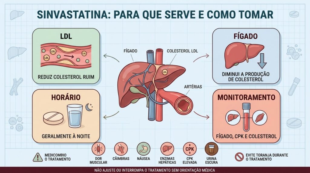 Sinvastatina reduz LDL, age no fígado e exige acompanhamento de efeitos adversos.