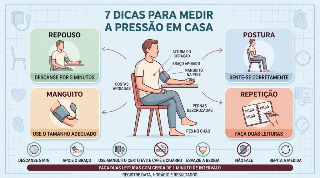 Repouso, postura e manguito correto aumentam a confiabilidade da pressão medida em casa.