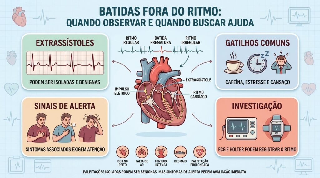 Batidas isoladas fora do ritmo podem surgir mesmo em pessoas saudáveis.