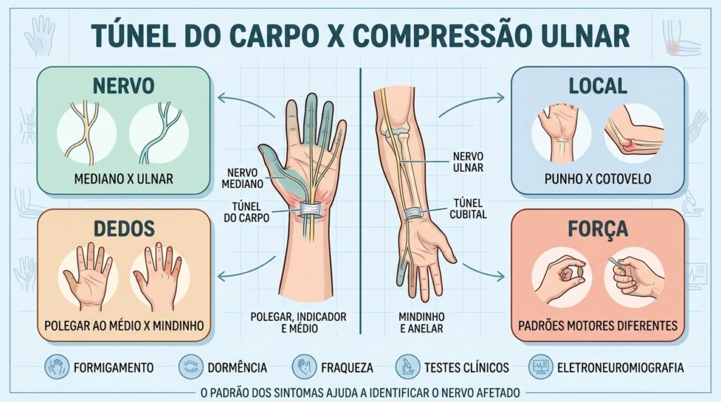 Nervo, local, dedos e força diferenciam túnel do carpo e compressão ulnar.