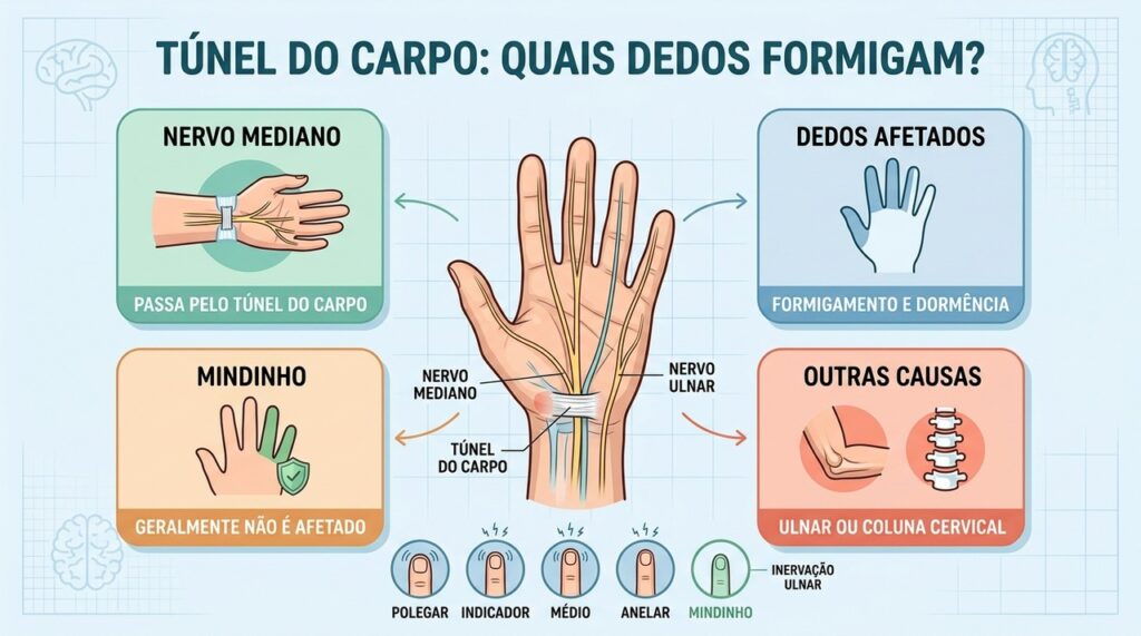 O mapa da mão diferencia nervo mediano, nervo ulnar e dedos afetados.