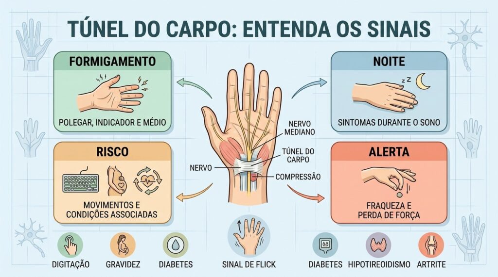 Anatomia, sintomas noturnos, fatores de risco e sinais de alerta explicam o túnel do carpo.