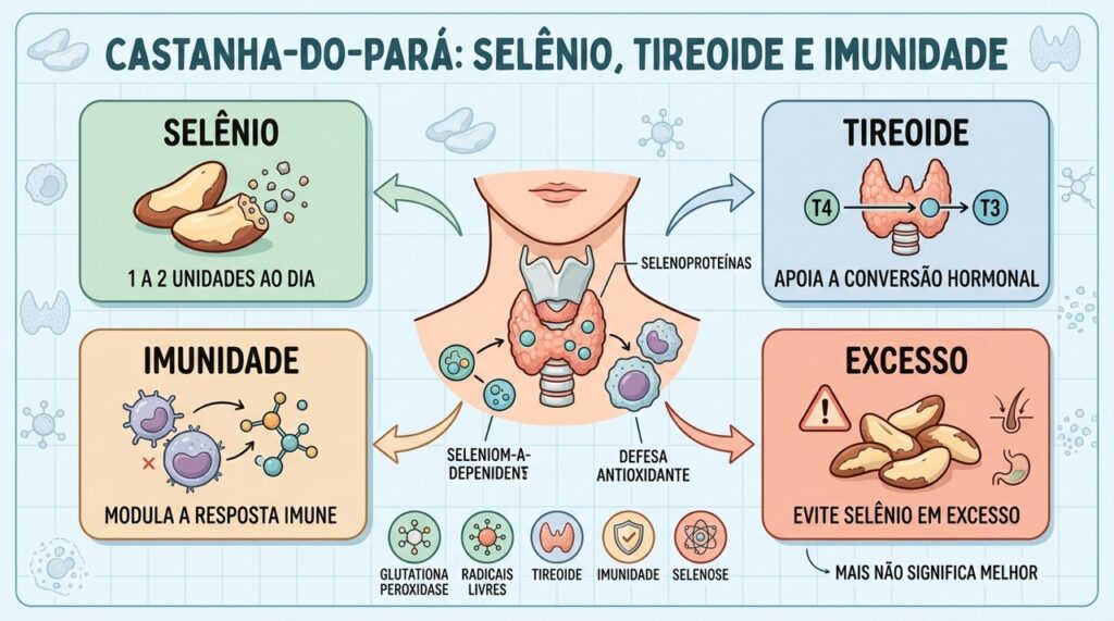 Selênio adequado apoia tireoide e imunidade, mas o excesso pode causar selenose.