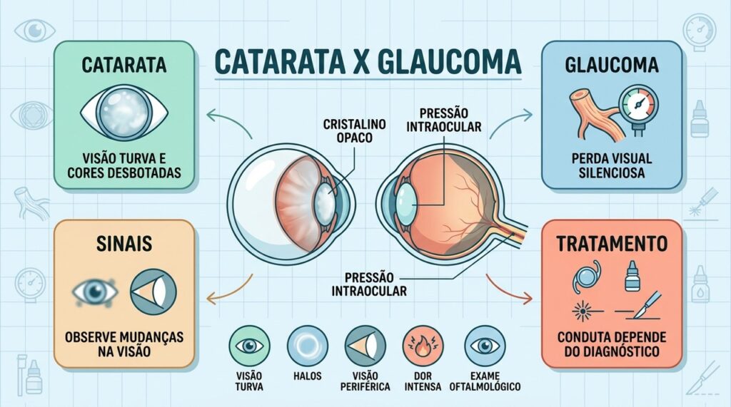 Cristalino, nervo óptico e pressão ocular ajudam a diferenciar catarata de glaucoma.