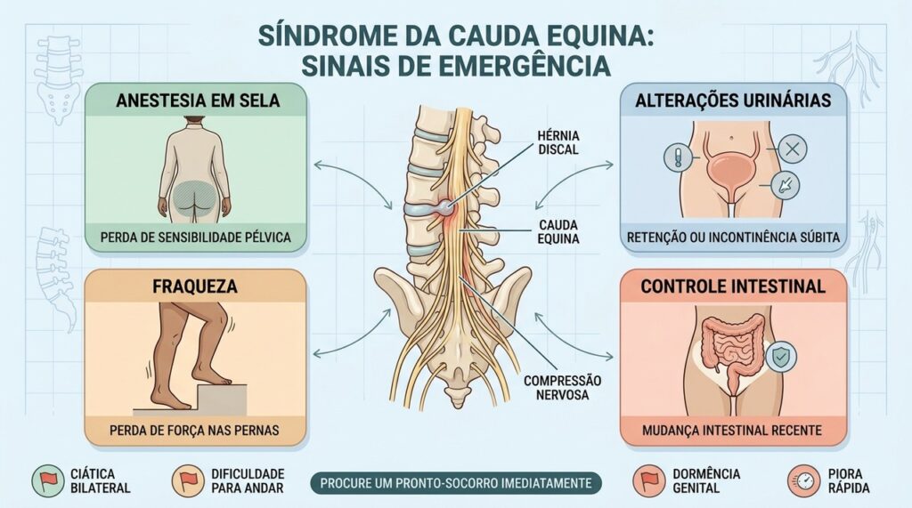 Anestesia em sela, alterações urinárias e fraqueza são sinais de emergência neurológica.
