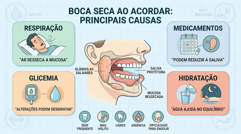 Respiração bucal, medicamentos, glicemia e hidratação influenciam a produção de saliva.