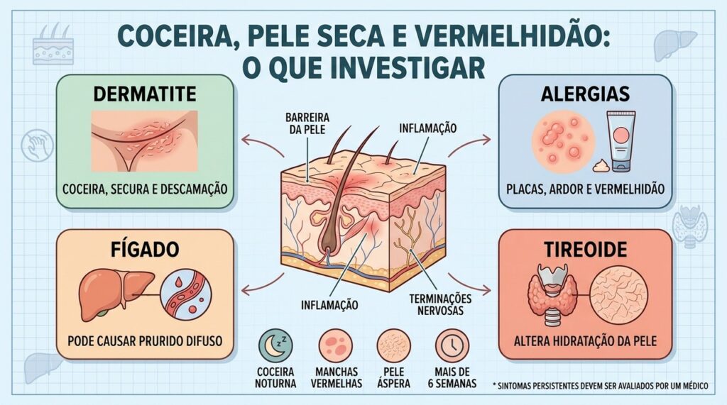 Dermatite, alergias, fígado e tireoide estão entre causas possíveis de prurido persistente.
