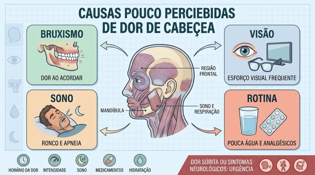 Bruxismo, visão, sono e rotina ajudam a explicar cefaleias que se repetem.