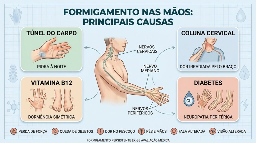 Padrão dos sintomas ajuda a diferenciar compressões, deficiência de B12 e neuropatia.