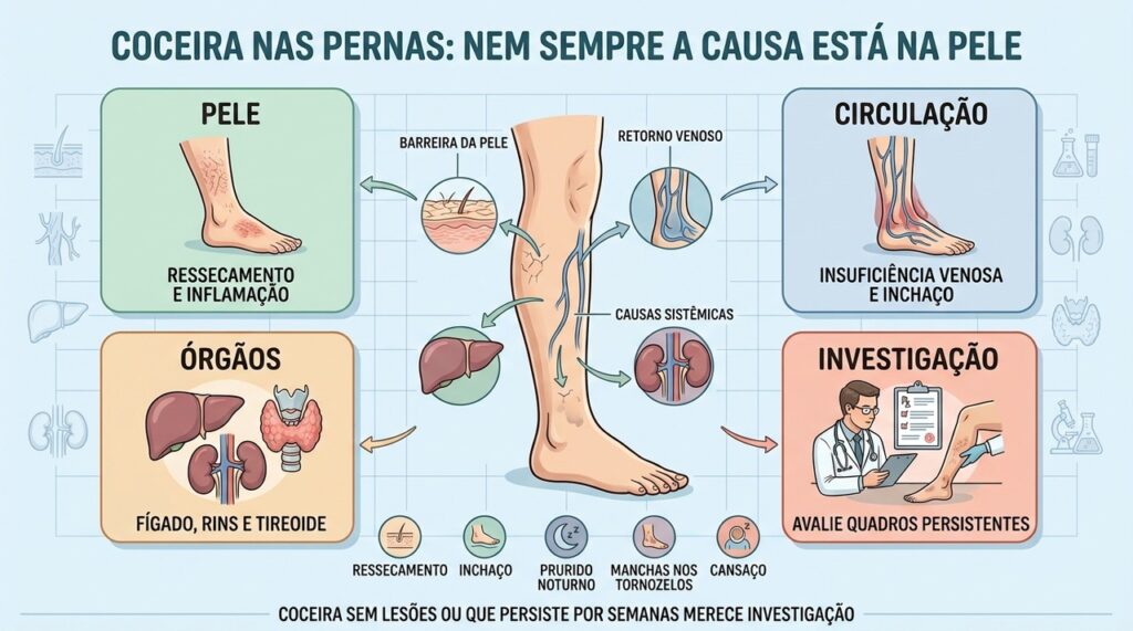 Pele, circulação, órgãos internos e investigação ajudam a esclarecer a origem da coceira.