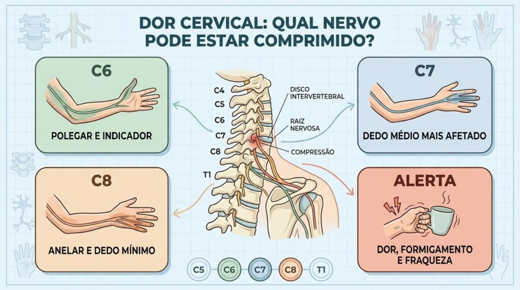 O trajeto da dor e os dedos afetados ajudam a localizar a raiz cervical.