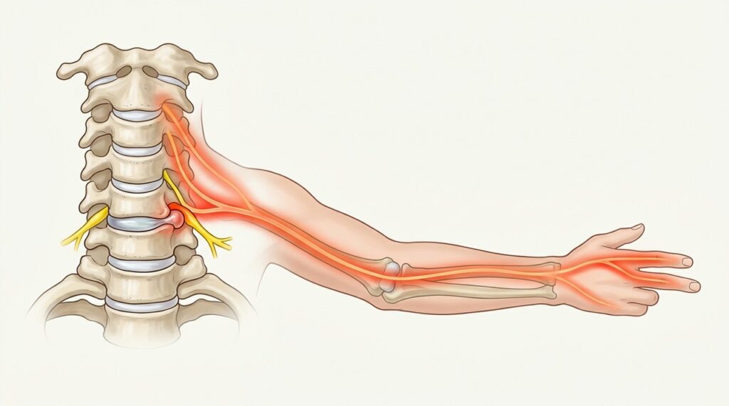 A compressão de uma raiz nervosa cervical pode causar dor, formigamento e fraqueza ao longo do braço.