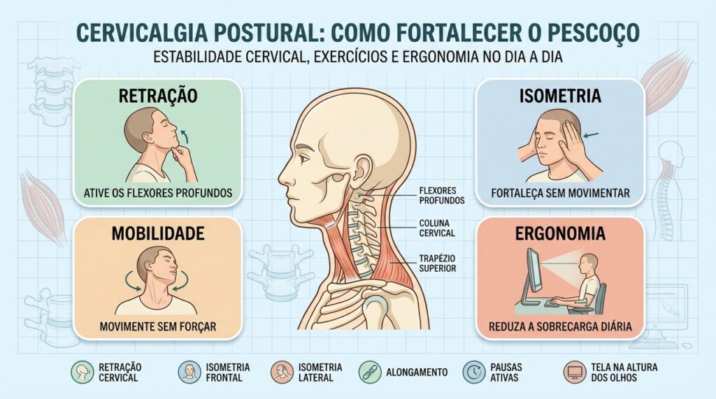 Retração, isometria, mobilidade e ergonomia fortalecem a estabilidade da coluna cervical.