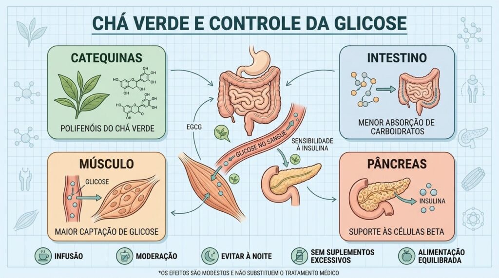 Catequinas podem atuar no intestino, músculos e pâncreas com efeitos metabólicos modestos.