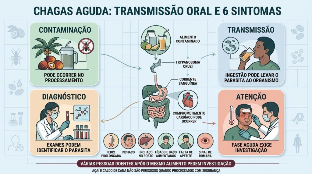 Contaminação oral, sintomas e diagnóstico resumem os principais pontos da Chagas aguda.