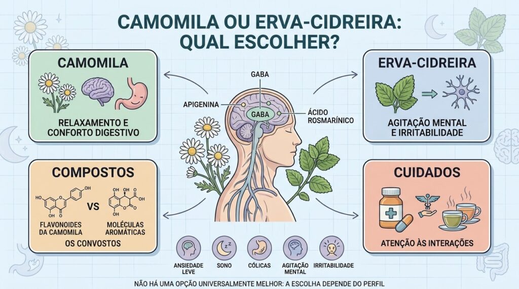 Camomila favorece relaxamento e digestão; erva-cidreira atua mais sobre agitação mental.