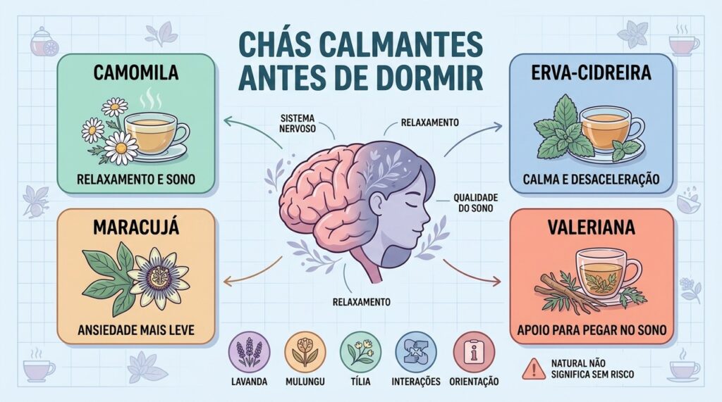 Quatro opções destacam relaxamento, ansiedade, sono e cuidados antes do consumo de chás.