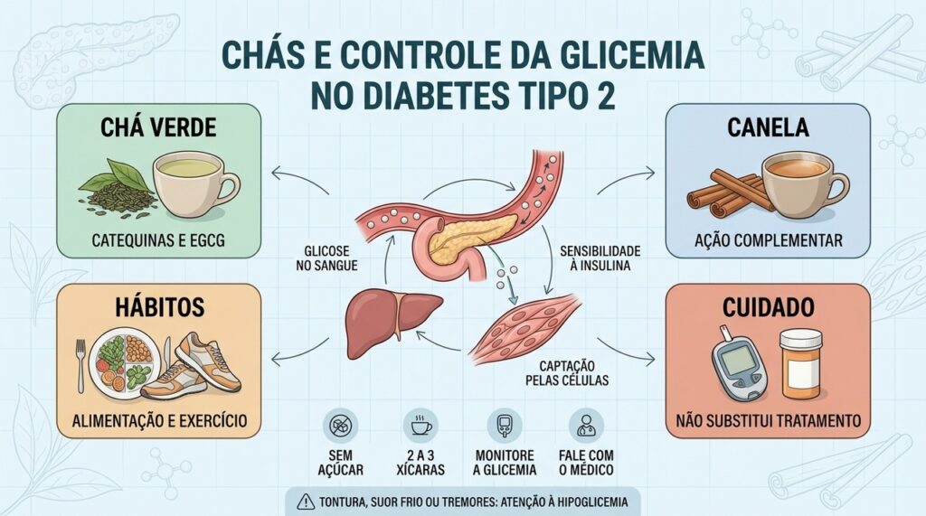 Chá verde, canela, hábitos saudáveis e tratamento atuam como estratégias complementares.