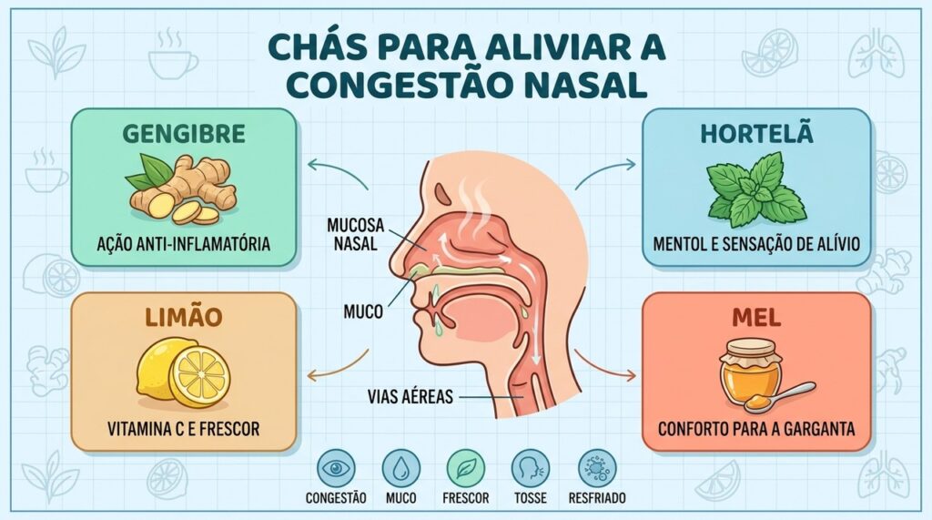 Gengibre, hortelã, limão e mel ajudam a aliviar sintomas respiratórios leves.