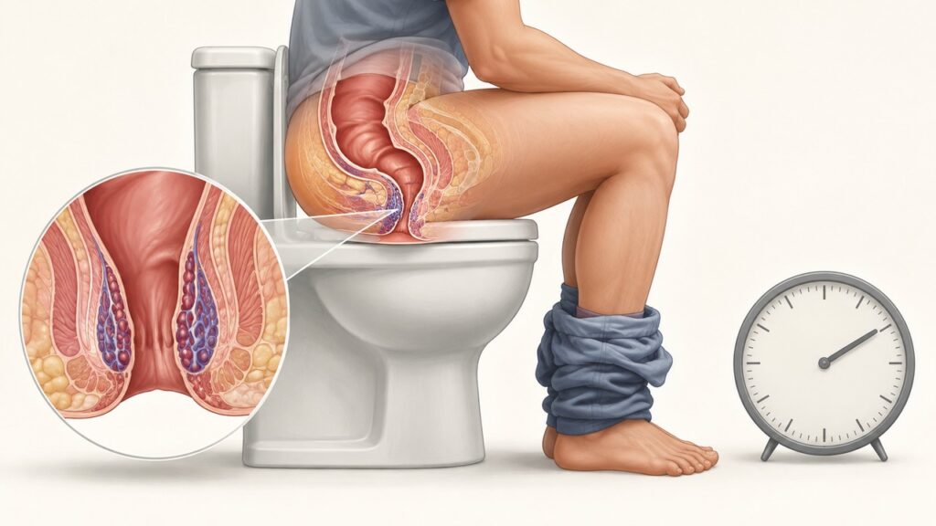 A permanência prolongada no vaso pode aumentar a pressão sobre as veias da região anal.