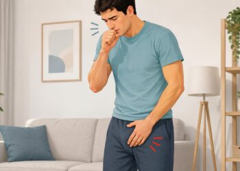Caroço na virilha que aumenta ao tossir ou fazer força pode ser sinal de hérnia inguinal.