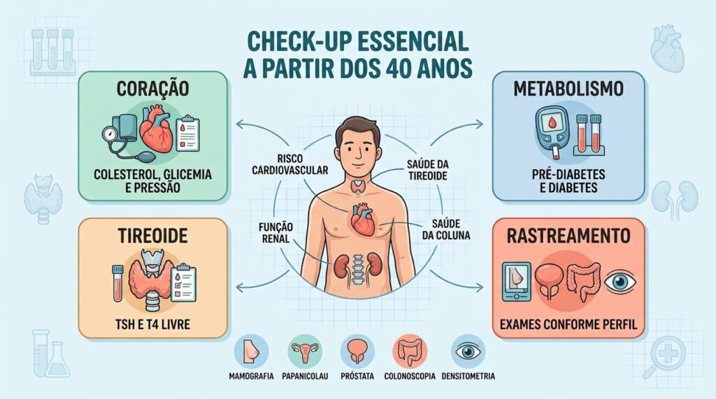 Quatro frentes orientam o check-up dos 40: coração, metabolismo, tireoide e rastreamento.