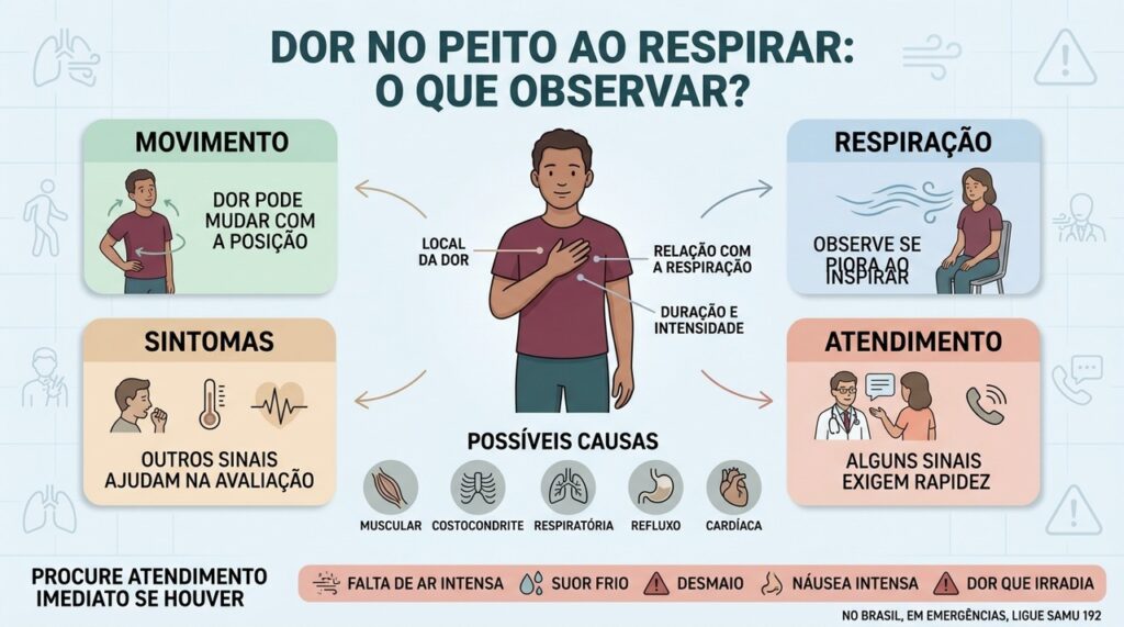 Respiração, movimento, sintomas associados e sinais de alerta ajudam a orientar a avaliação.