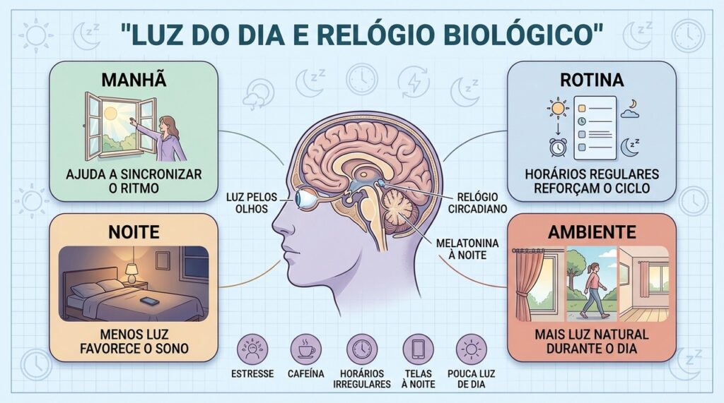 Luz matinal, rotina e noites mais escuras ajudam a sincronizar o sono.