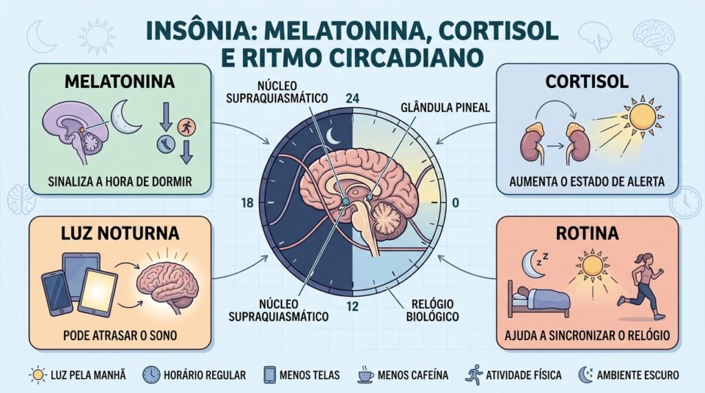 Melatonina, cortisol, luz e rotina ajudam a organizar o ciclo natural do sono.