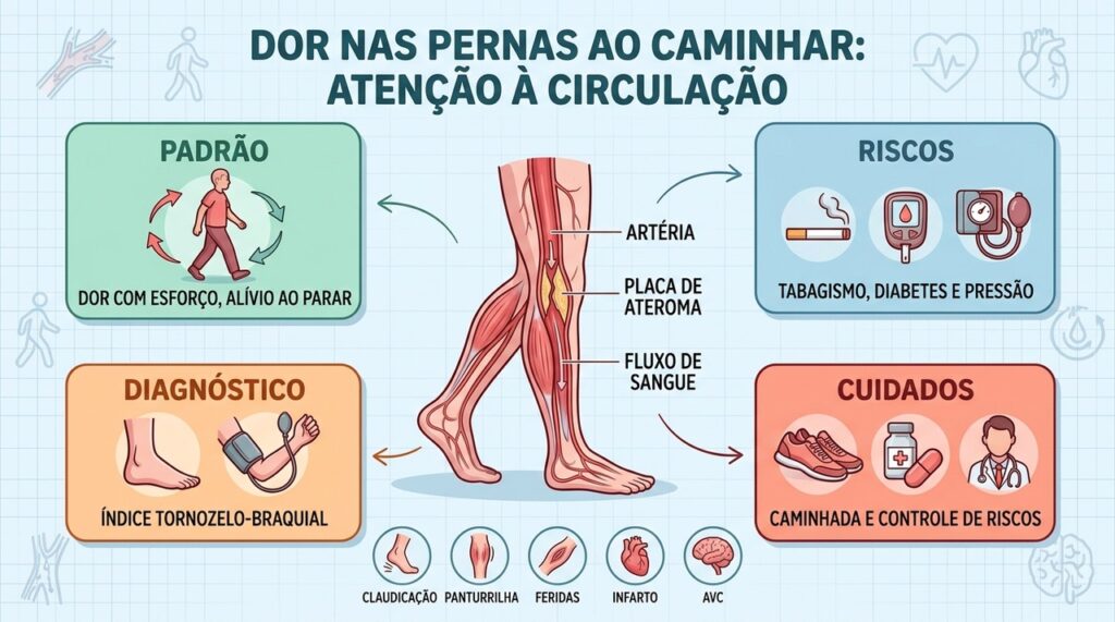 Claudicação, fatores de risco e índice tornozelo-braquial orientam a investigação vascular.