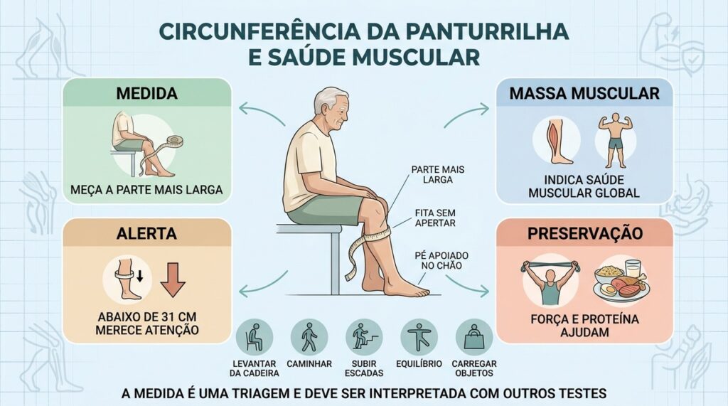 Medida da panturrilha, força, mobilidade e alimentação ajudam a acompanhar a massa muscular.