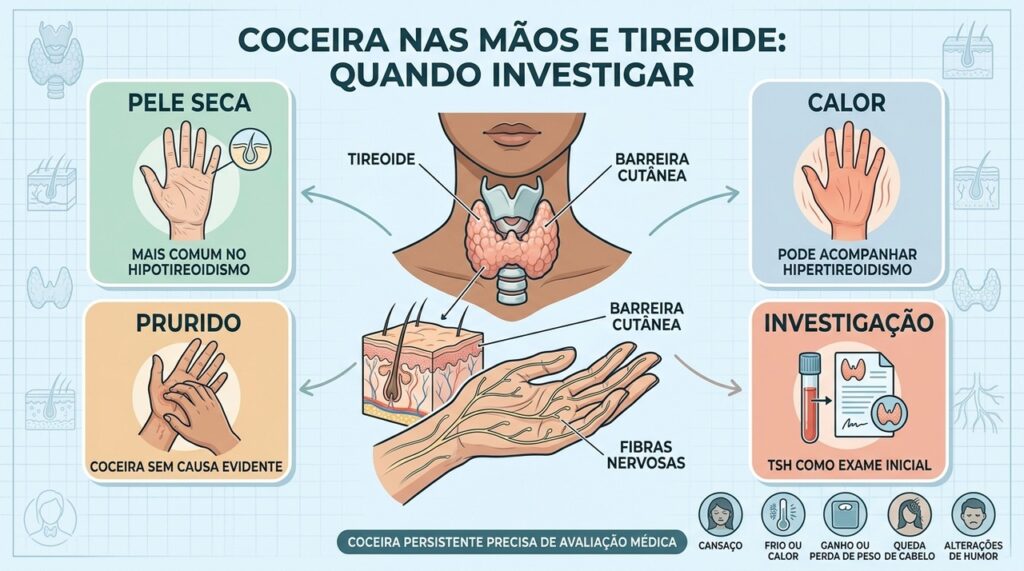 Pele seca, calor, prurido e TSH ajudam a investigar possíveis alterações tireoidianas.