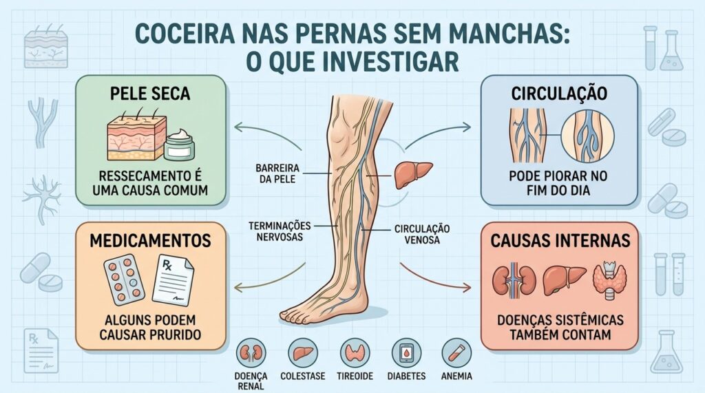 Pele, circulação, medicamentos e doenças sistêmicas orientam a investigação da coceira.
