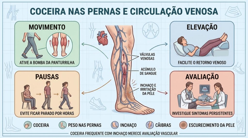 Movimento, elevação, pausas e avaliação ajudam a proteger a circulação venosa.