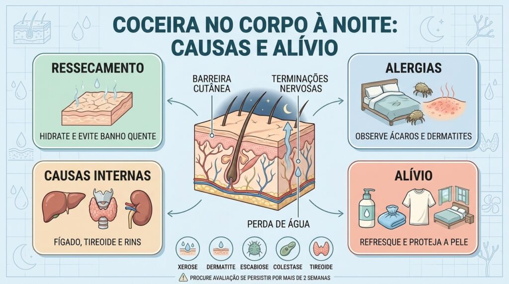 Ressecamento, alergias, causas internas e cuidados ajudam a controlar o prurido noturno.