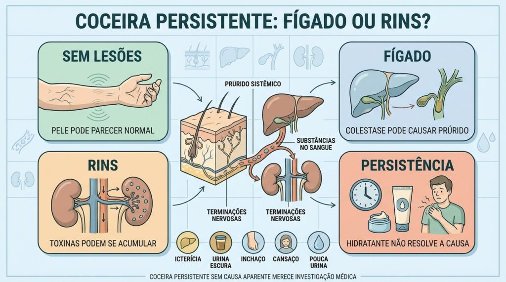 Pele normal, colestase, função renal e persistência ajudam a orientar a investigação.