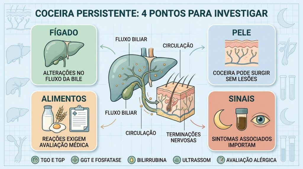 Fígado, pele, sintomas associados e possíveis gatilhos orientam a investigação do prurido crônico.