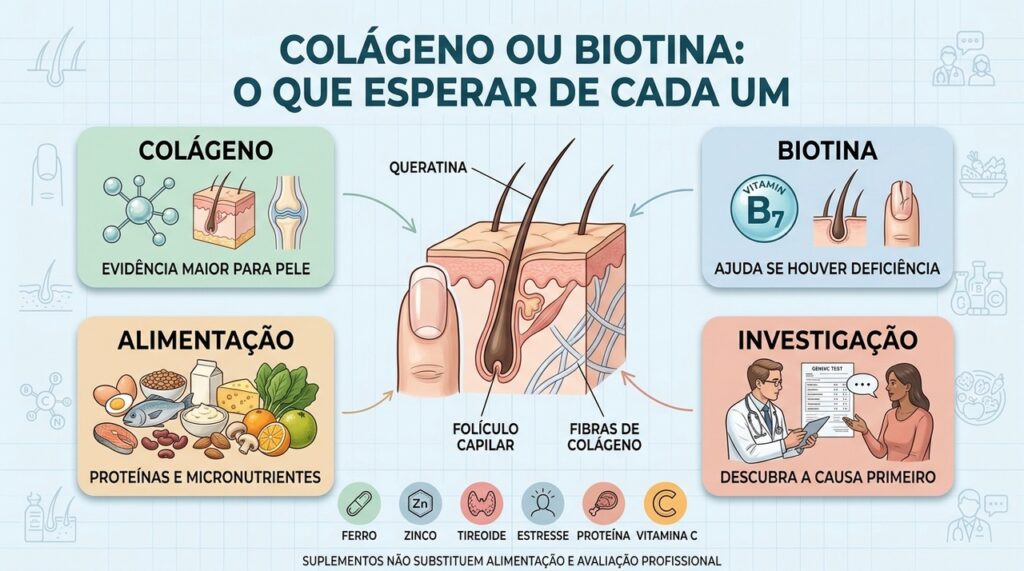Colágeno, biotina, alimentação e investigação orientam escolhas mais conscientes para cabelo e unhas.