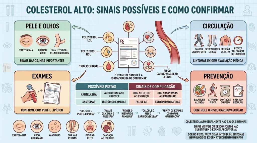 Sinais visíveis, risco circulatório e exames orientam a avaliação do colesterol.