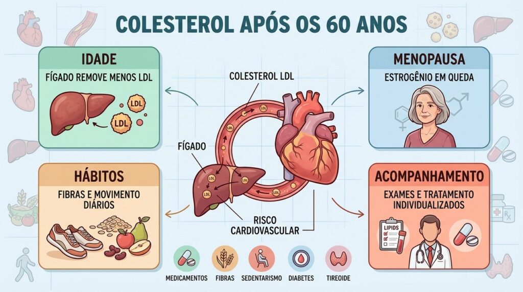 Idade, menopausa, hábitos e acompanhamento médico influenciam o controle do LDL após os 60 anos.