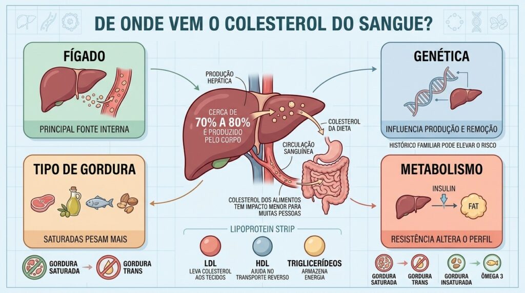 Fígado, genética, metabolismo e tipos de gordura influenciam o colesterol sanguíneo.