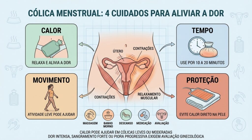 Calor, proteção da pele, movimento leve e descanso ajudam no alívio menstrual.