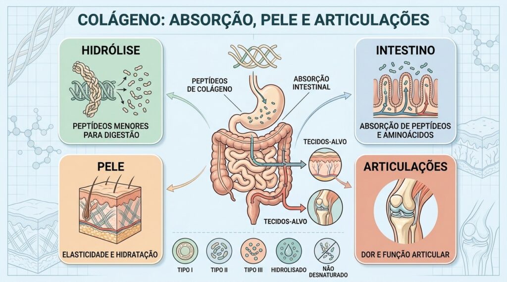 Hidrólise, absorção intestinal e tipo de colágeno influenciam objetivos diferentes na suplementação.