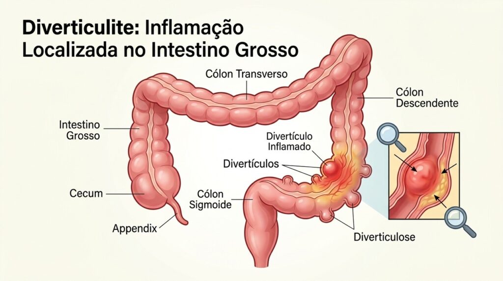 Na diverticulite, pequenas bolsas na parede do intestino podem inflamar e causar dor abdominal e febre.