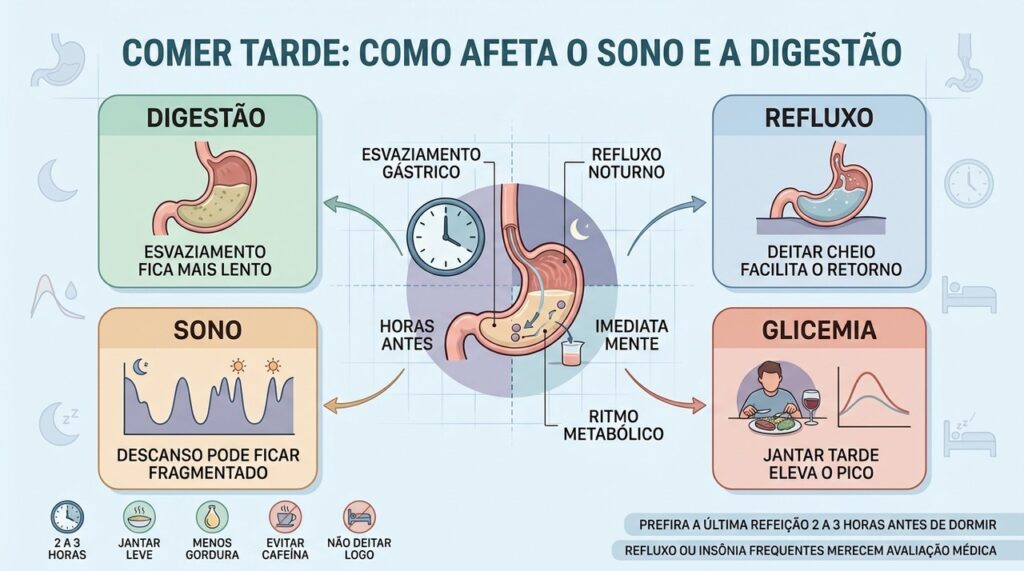 Digestão, refluxo, sono e glicemia explicam os efeitos de comer tarde.
