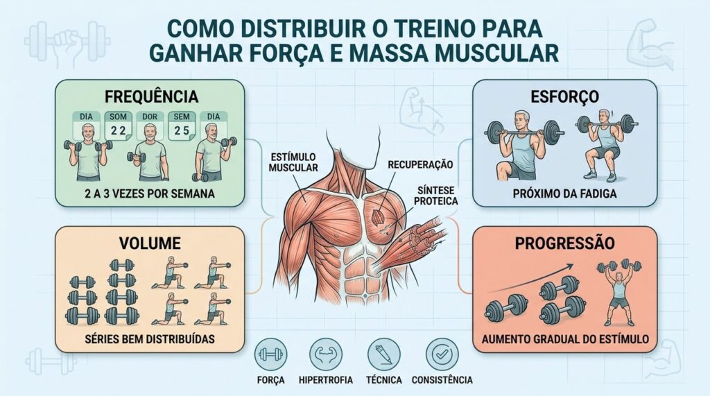 Frequência, esforço, volume e progressão sustentam ganhos musculares ao longo do tempo.