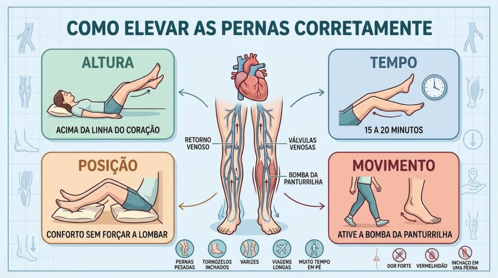 Altura, tempo, posição e movimento tornam a elevação das pernas mais eficaz.