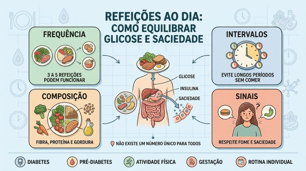 Frequência, intervalos, composição e saciedade ajudam a manter a glicose mais estável.