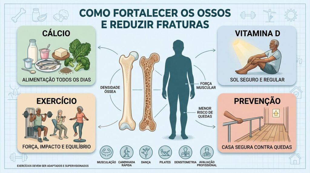 Cálcio, vitamina D, exercício e prevenção de quedas fortalecem a proteção óssea.